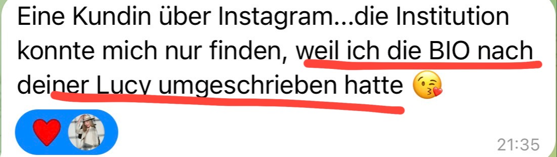 Nachricht einer Kundin: Sie wurde über Instagram gefunden, weil sie ihre Bio mit Lucy umgeschrieben hatte