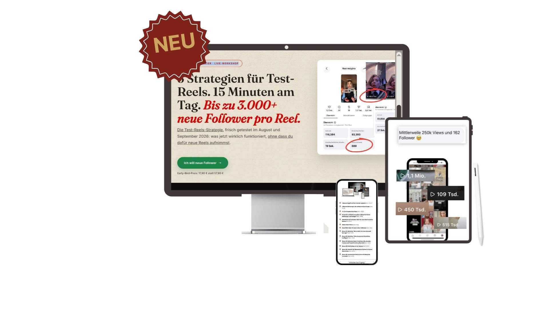 Test-Reels-Atelier auf iMac, iPad und iPhone, als neu markiert