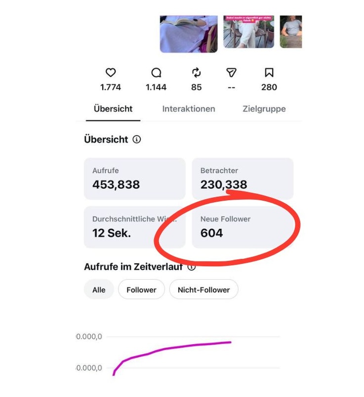 Instagram Reel-Insight: 604 neue Follower durch ein Test-Reel